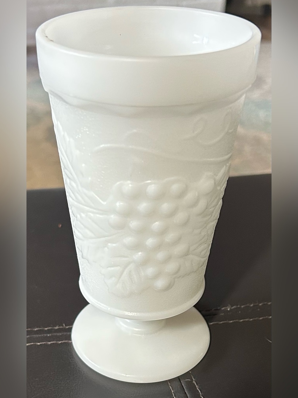 Anchor Hocking white milk glass footed tumbler/goblet "Harvest Grape" 5.5”